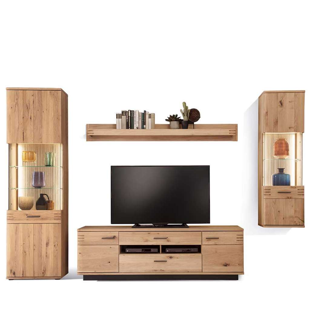 Wohnwand in Balkeneiche Bianco furniert 285 cm breit (4-teilig)