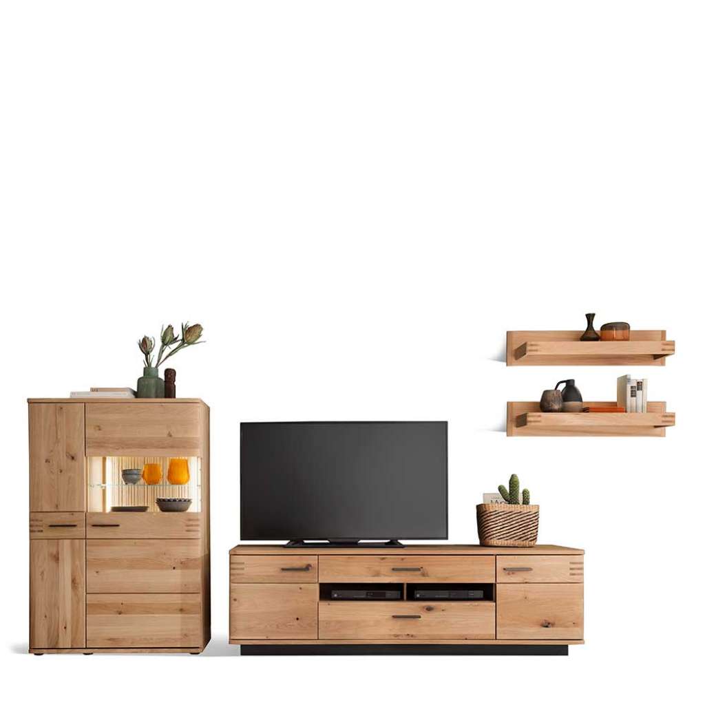 TV Schrankwand in Balkeneiche Bianco furniert 270 cm breit (4-teilig)
