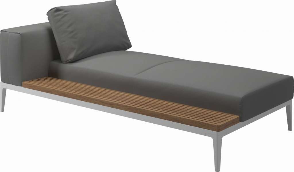 Gloster - Grid Chaiselongue - Tischplatte: Teak - Gestell: White - Polster: 0145 - Blend Fog - outdoor