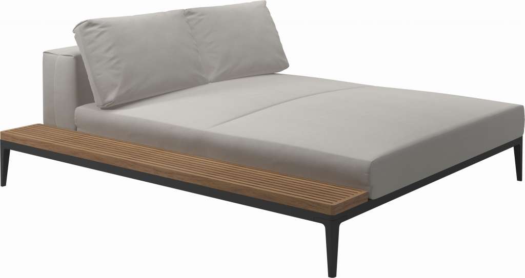 Gloster - Grid Sofa Relaxmodul mit Tisch - Tischplatte: Teak - Gestell: Meteor - Polster: 0146 - Blend Linen - outdoor