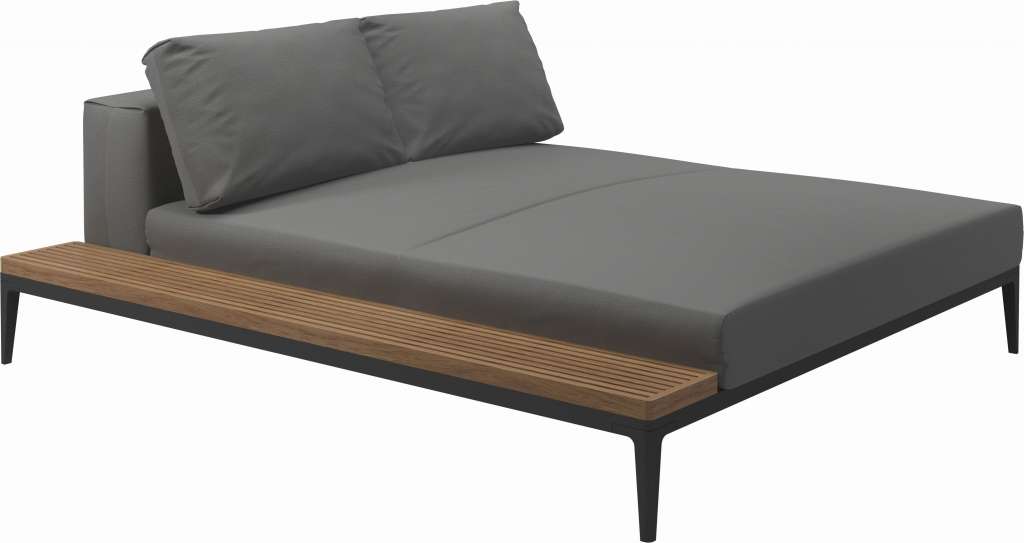 Gloster - Grid Sofa Relaxmodul mit Tisch - Tischplatte: Teak - Gestell: Meteor - Polster: 0145 - Blend Fog - outdoor