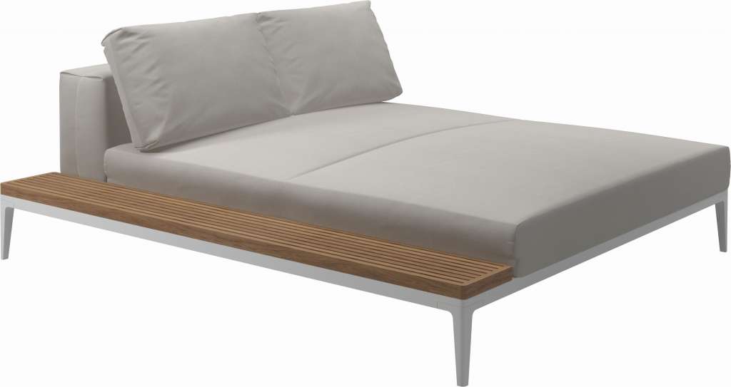 Gloster - Grid Sofa Relaxmodul mit Tisch - Tischplatte: Teak - Gestell: White - Polster: 0146 - Blend Linen - outdoor