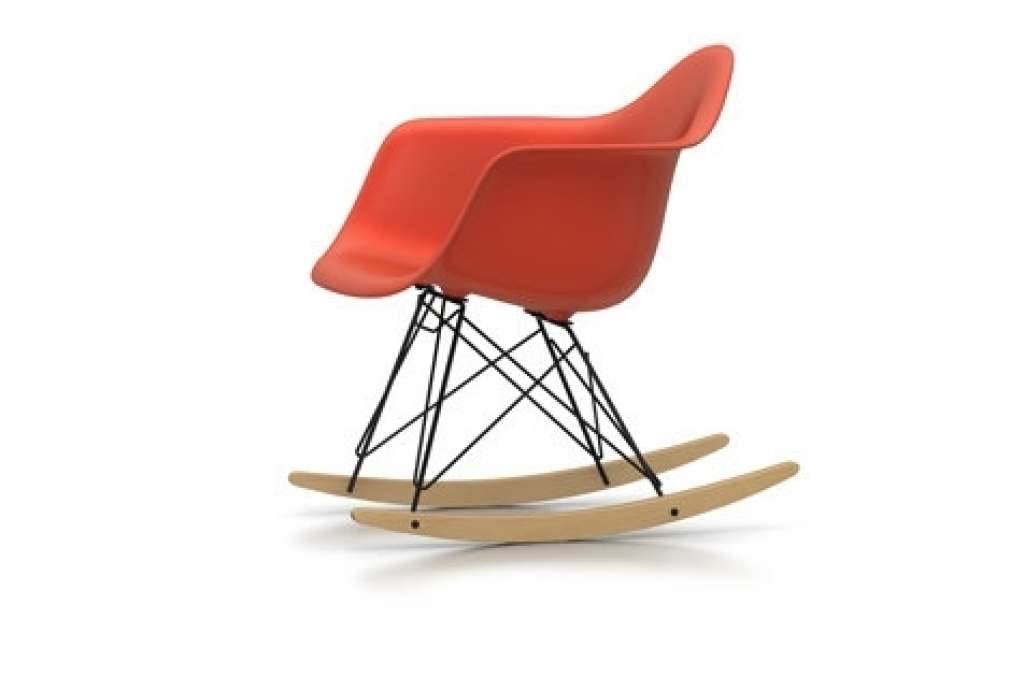 Vitra - Eames Plastic Armchair RAR mit Sitzpolster, poppy red, basic dark pulverbeschichtet (glatt), Ahorn gelblich, Hopsak74dunkelblau/elfenbein - poppy red - indoor