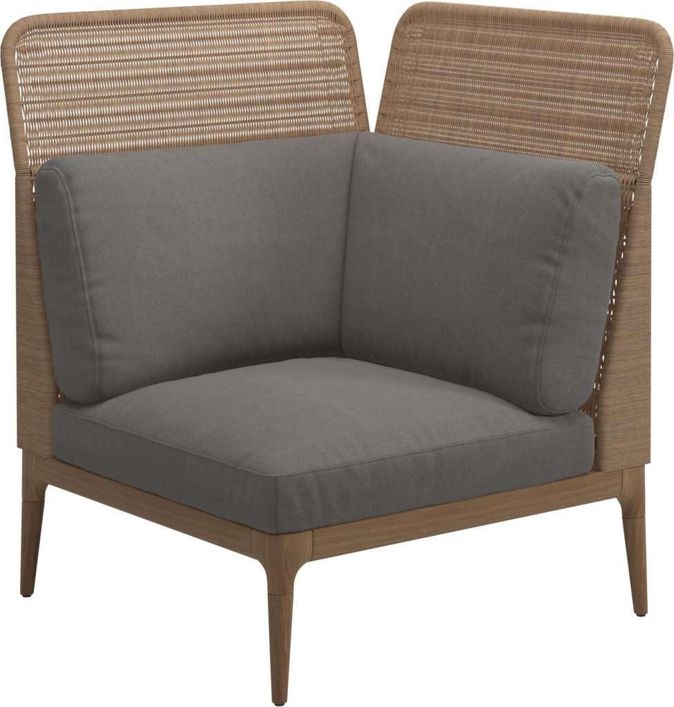Gloster - Lima End-/Eckmodul High Back - rechts - Gestell: Teak, Wheat Wicker  - Fife Rainy Grey - outdoor