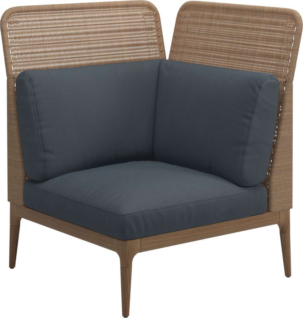 Gloster - Lima End-/Eckmodul High Back - rechts - Gestell: Teak, Wheat Wicker  - Tuck Denim - outdoor