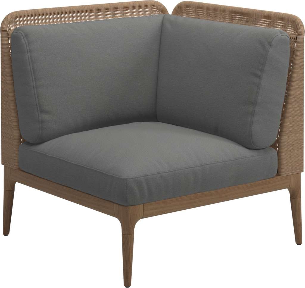 Gloster - Lima End-/Eckmodul Low Back - rechts - Gestell: Teak, Wheat Wicker  - Blend Fog - outdoor