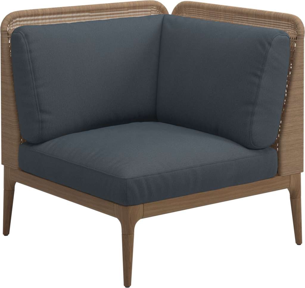 Gloster - Lima End-/Eckmodul Low Back - rechts - Gestell: Teak, Wheat Wicker  - Tuck Denim - outdoor