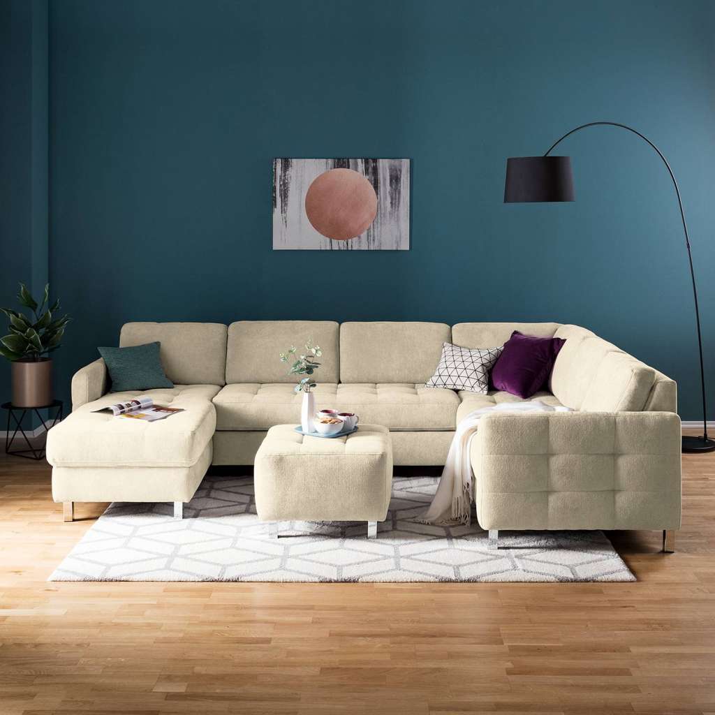 home24 Fredriks Wohnlandschaft Tanete Hellbeige Strukturstoff 292x80x204 cm mit Schlaffunktion und Bettkasten