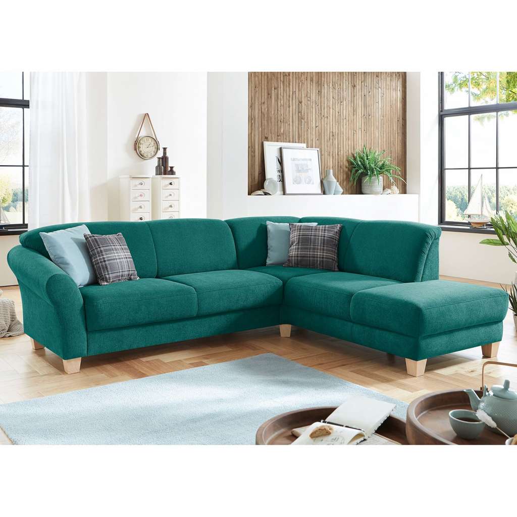 home24 Ars Natura Ecksofa Cebu 2-Sitzer Petrol Webstoff 257x84x212 cm mit Bettkasten