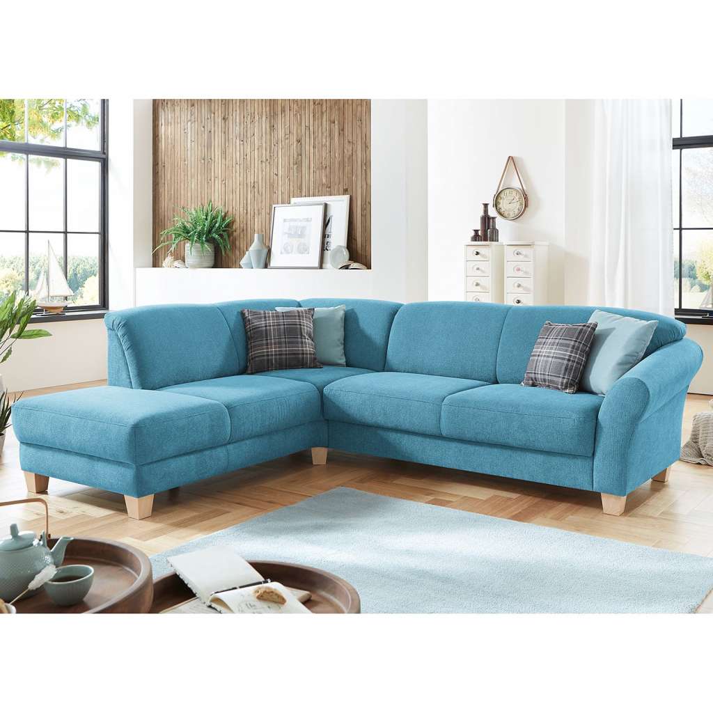 home24 Ars Natura Ecksofa Cebu 2-Sitzer Hellblau Webstoff 257x84x212 cm mit Bettkasten