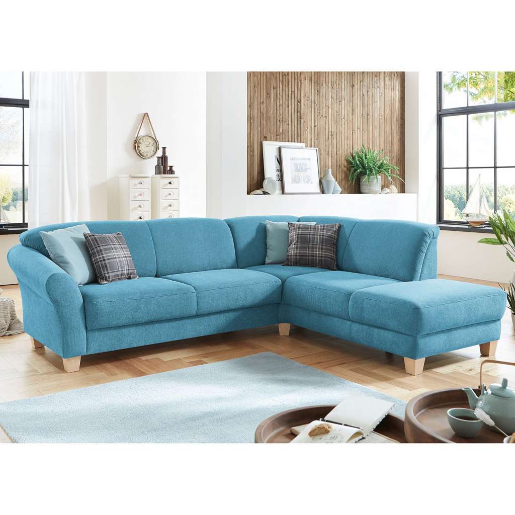 home24 Ars Natura Ecksofa Cebu 2-Sitzer Hellblau Webstoff 257x84x212 cm mit Bettkasten