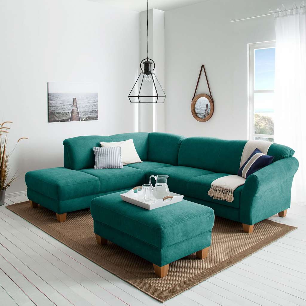 home24 Ars Natura Ecksofa Cebu 2-Sitzer Petrol Webstoff 257x84x212 cm mit Bettkasten