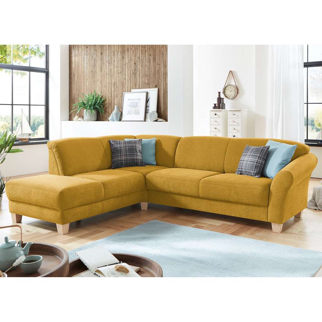 home24 Ars Natura Ecksofa Cebu 2-Sitzer Safrangelb Webstoff 257x84x212 cm mit Bettkasten