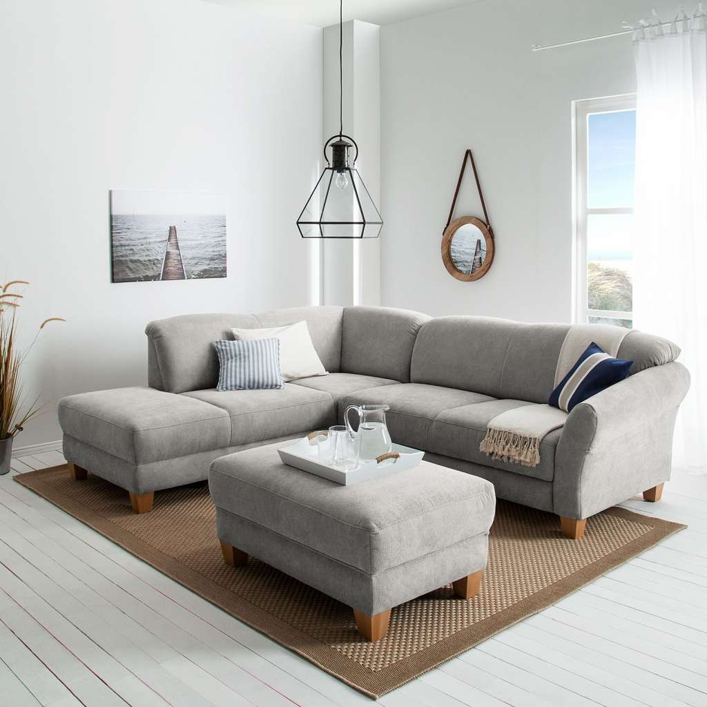 home24 Ars Natura Ecksofa Cebu 2-Sitzer Silbergrau Webstoff 257x84x212 cm mit Bettkasten