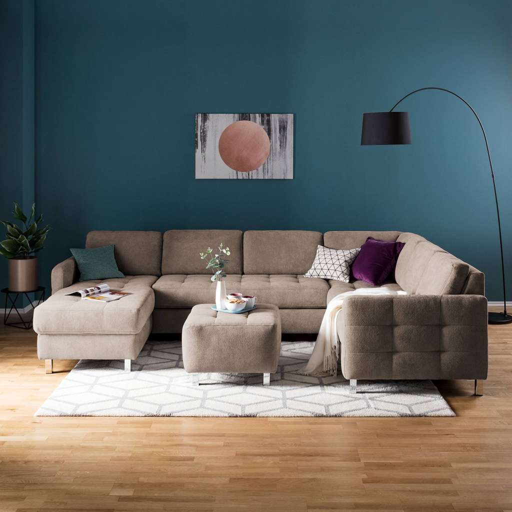 home24 Fredriks Wohnlandschaft Tanete Warmes Beige Strukturstoff 292x80x204 cm mit Schlaffunktion und Bettkasten