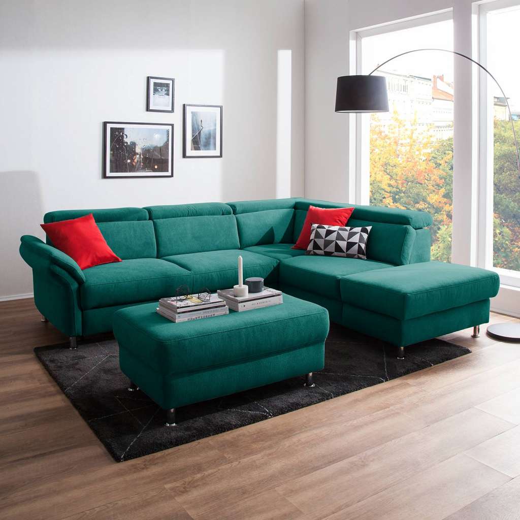 home24 Fredriks Ecksofa Calang Petrol Webstoff 267x97x228 cm (BxHxT) mit Schlaffunktion/Bettkasten Modern