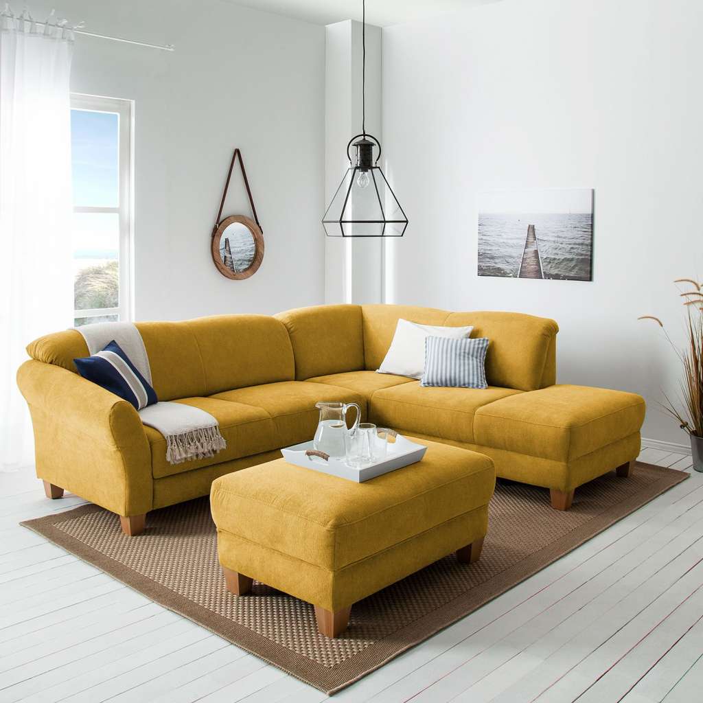 home24 Ars Natura Ecksofa Cebu 2-Sitzer Safrangelb Webstoff 257x84x212 cm mit Bettkasten