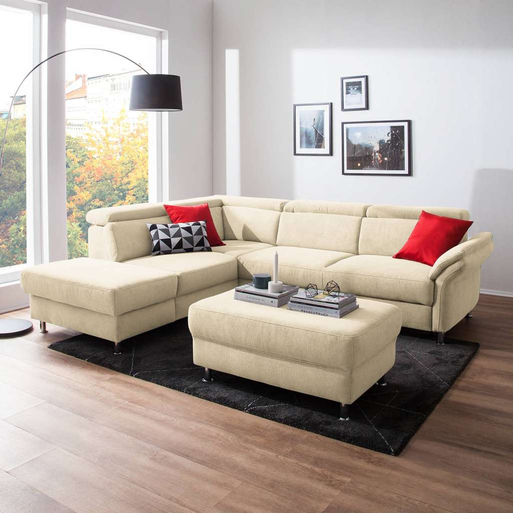home24 Fredriks Ecksofa Calang Creme Webstoff 267x97x228 cm (BxHxT) mit Schlaffunktion/Bettkasten Modern