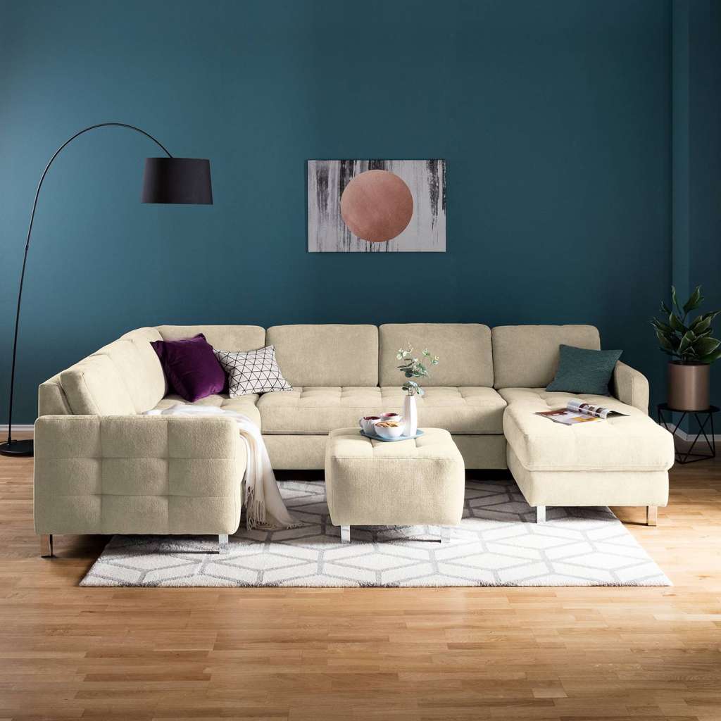 home24 Fredriks Wohnlandschaft Tanete Hellbeige Strukturstoff 292x80x204 cm mit Schlaffunktion und Bettkasten