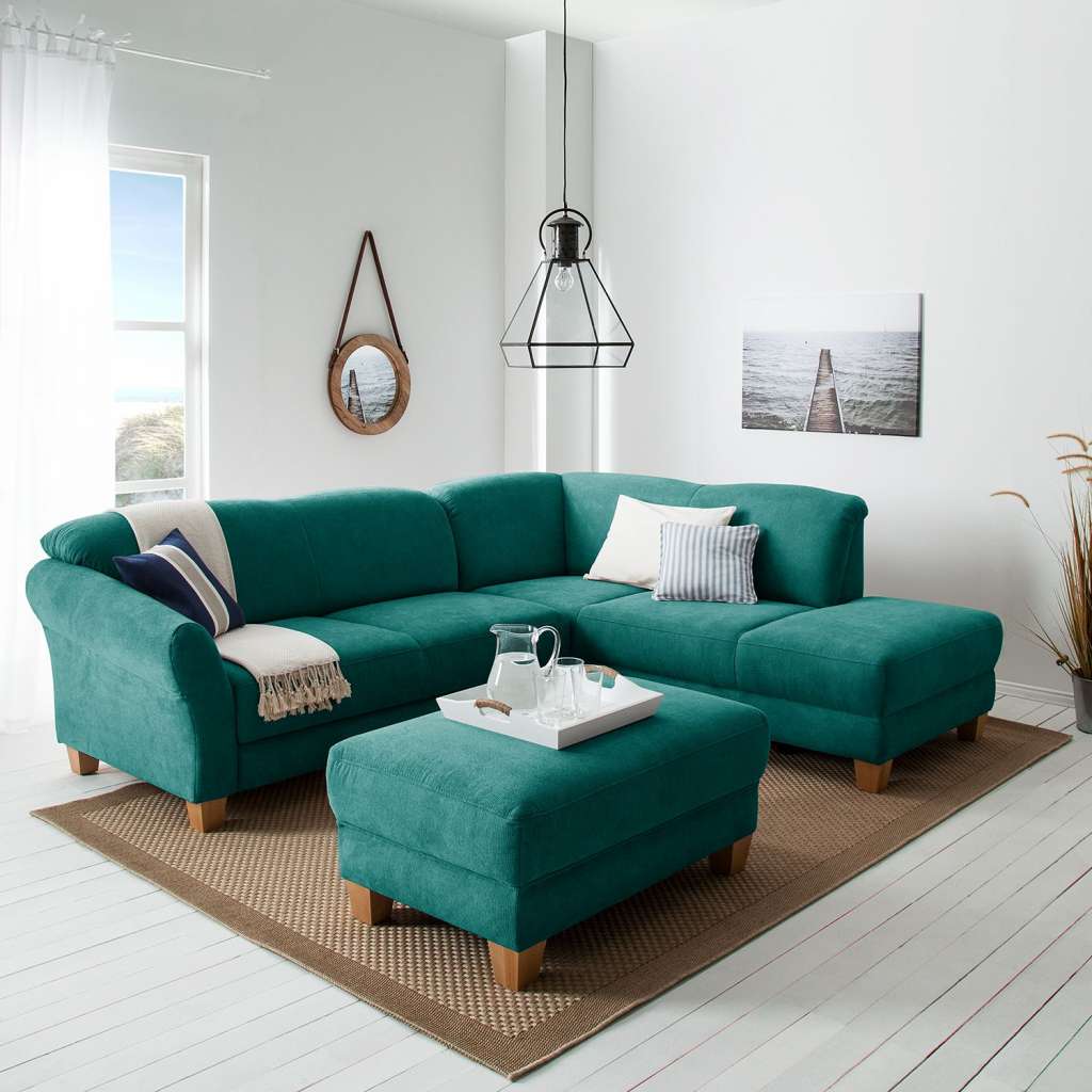 home24 Ars Natura Ecksofa Cebu 2-Sitzer Petrol Webstoff 257x84x212 cm mit Bettkasten