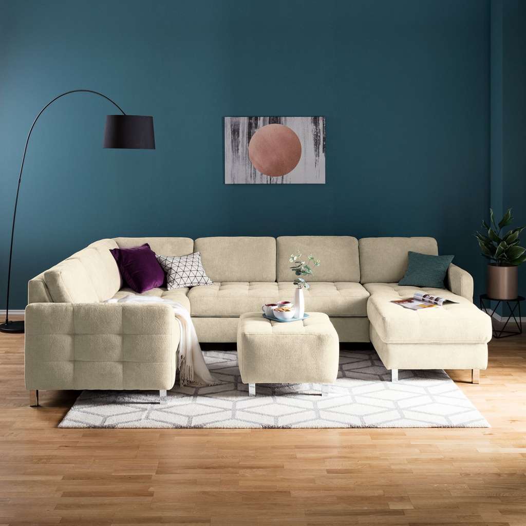 home24 Fredriks Wohnlandschaft Tanete Hellbeige Strukturstoff 292x80x204 cm mit Schlaffunktion und Bettkasten