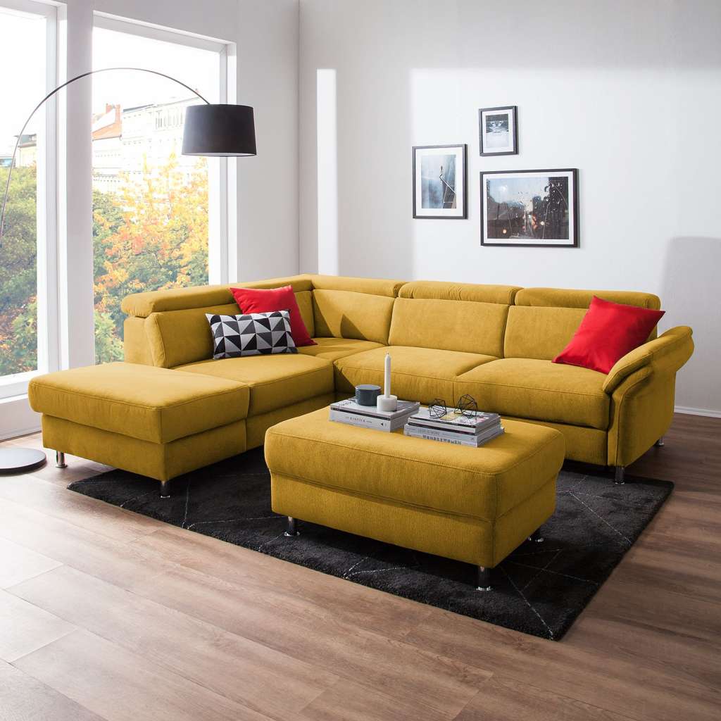 home24 Fredriks Ecksofa Calang Safrangelb Webstoff 267x97x228 cm (BxHxT) mit Schlaffunktion/Bettkasten Modern