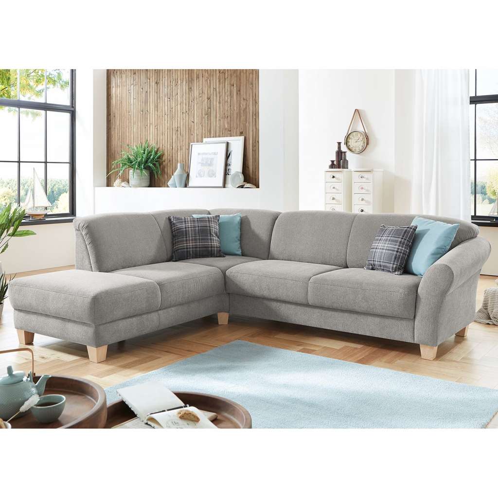 home24 Ars Natura Ecksofa Cebu 2-Sitzer Silbergrau Webstoff 257x84x212 cm mit Bettkasten