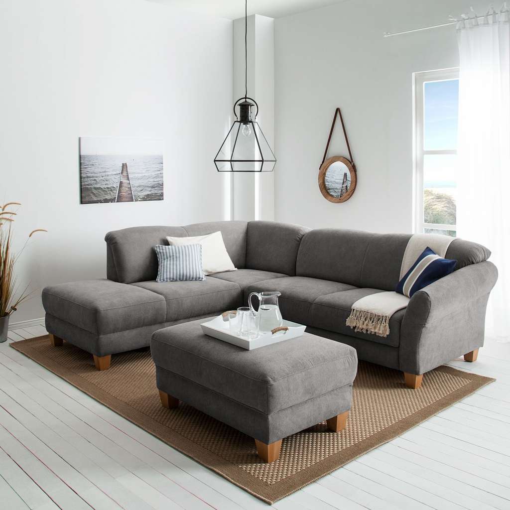 home24 Ars Natura Ecksofa Cebu 2-Sitzer Grau Webstoff 257x84x212 cm mit Bettkasten