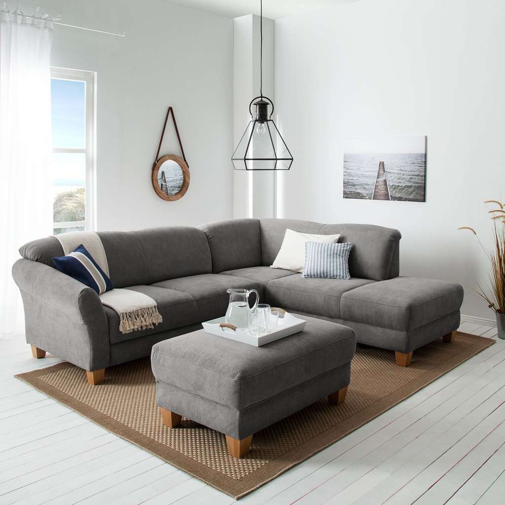 home24 Ars Natura Ecksofa Cebu 2-Sitzer Grau Webstoff 257x84x212 cm mit Bettkasten