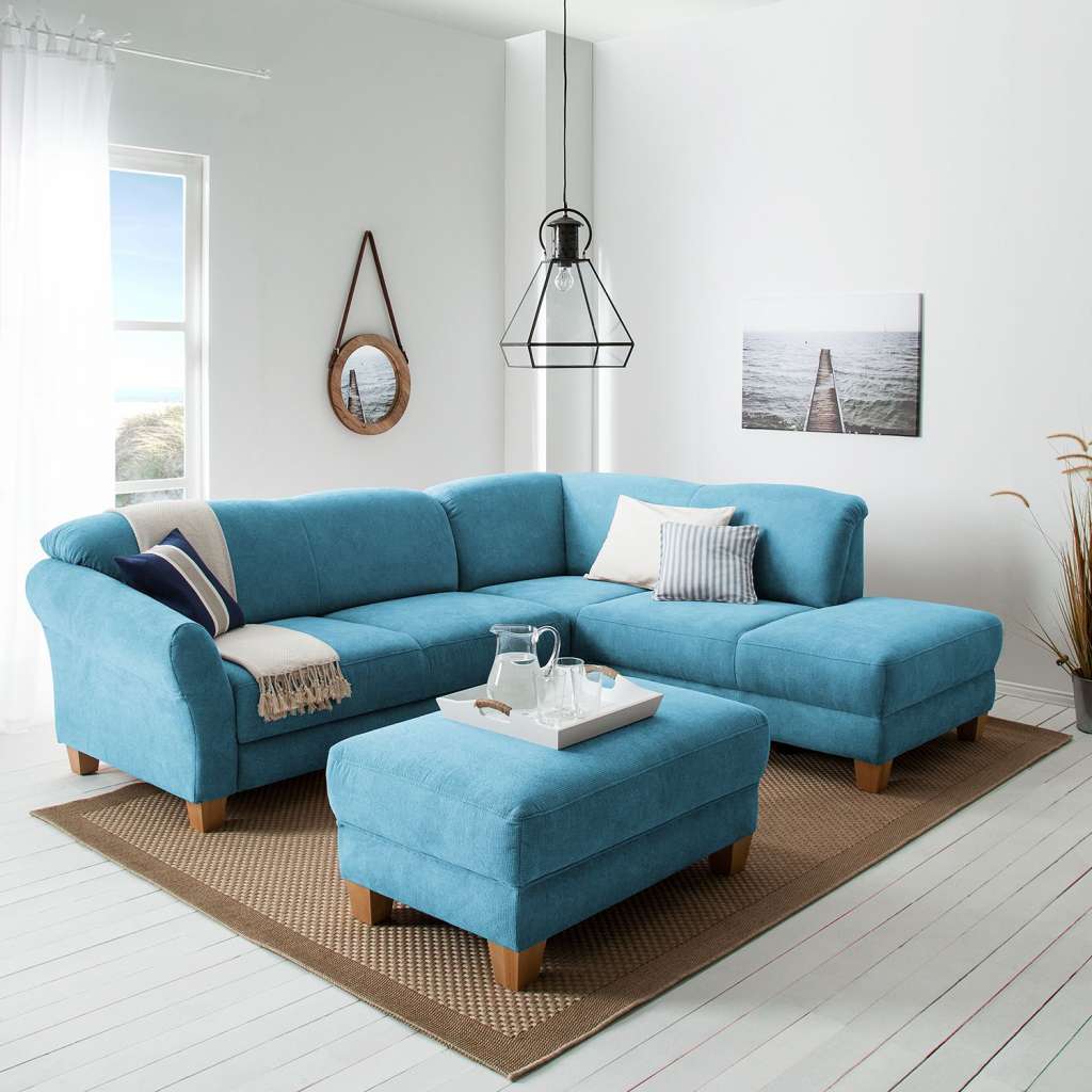 home24 Ars Natura Ecksofa Cebu 2-Sitzer Hellblau Webstoff 257x84x212 cm mit Bettkasten