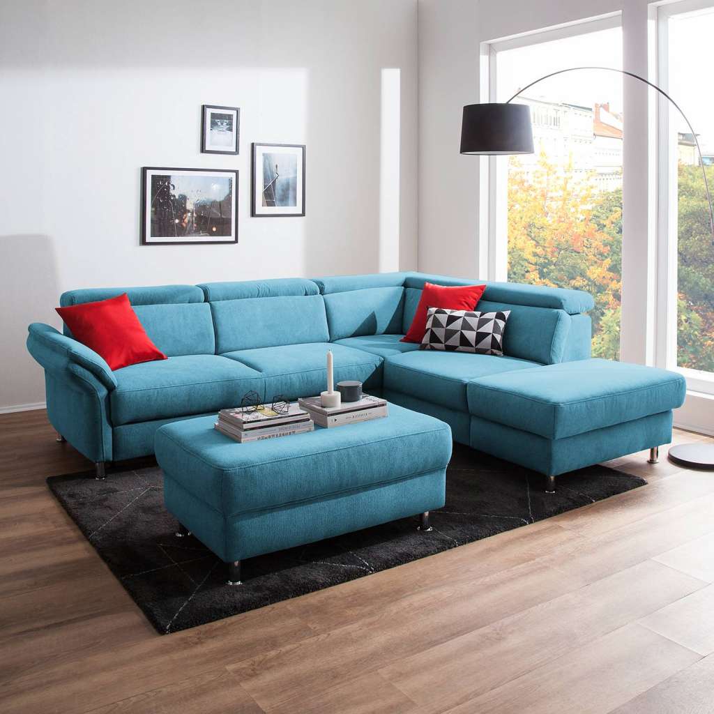 home24 Fredriks Ecksofa Calang Hellblau Webstoff 267x97x228 cm (BxHxT) mit Schlaffunktion/Bettkasten Modern