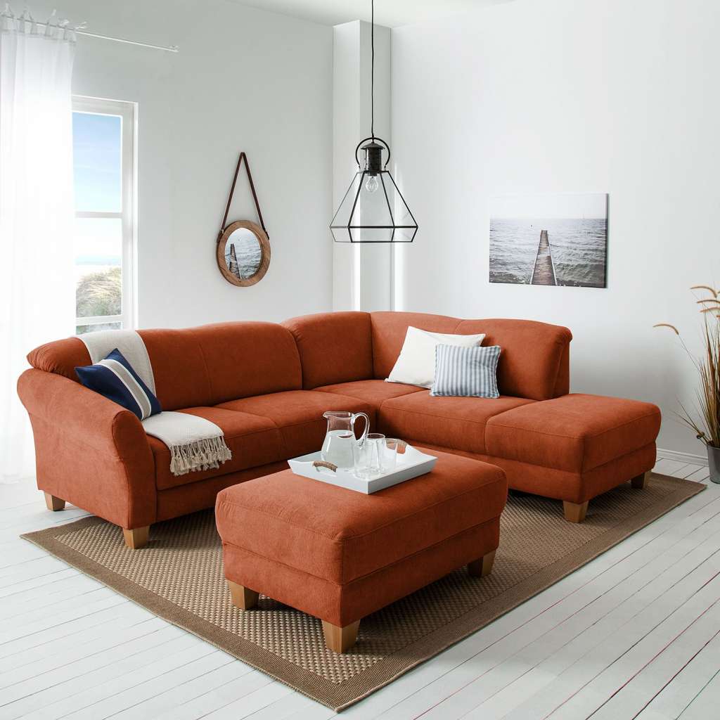 home24 Ars Natura Ecksofa Cebu 2-Sitzer Honigbraun Webstoff 257x84x212 cm mit Bettkasten