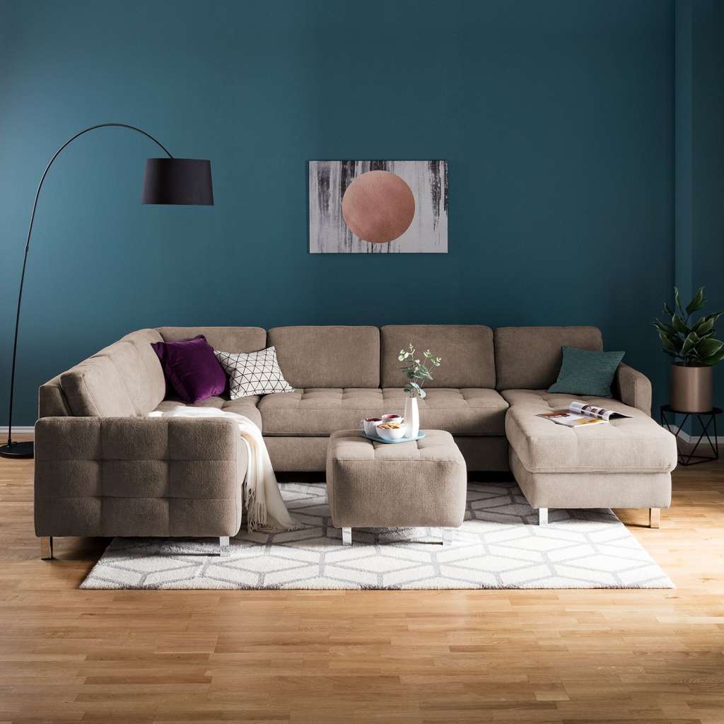 home24 Fredriks Wohnlandschaft Tanete Warmes Beige Strukturstoff 292x80x204 cm mit Schlaffunktion und Bettkasten
