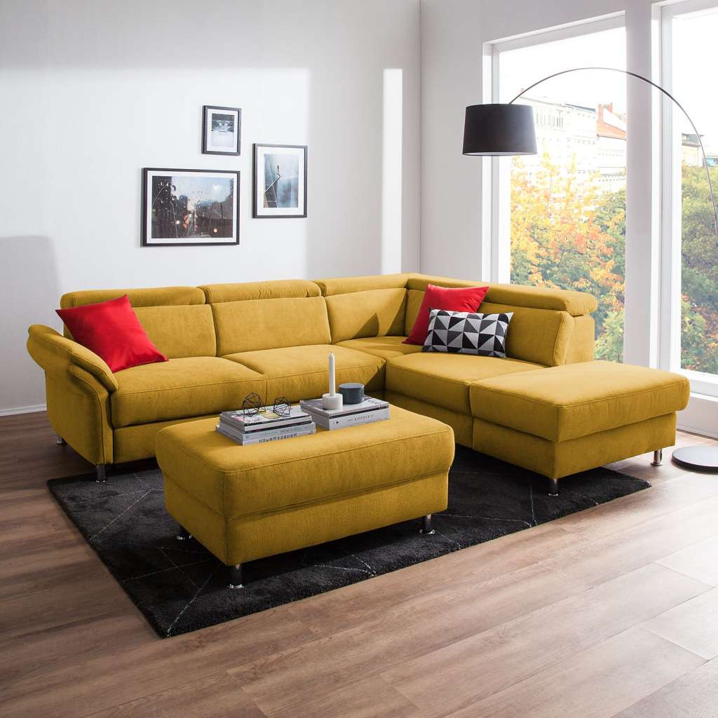 home24 Fredriks Ecksofa Calang Safrangelb Webstoff 267x97x228 cm (BxHxT) mit Schlaffunktion/Bettkasten Modern
