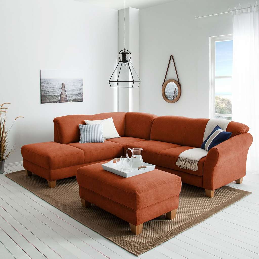 home24 Ars Natura Ecksofa Cebu 2-Sitzer Honigbraun Webstoff 257x84x212 cm mit Bettkasten