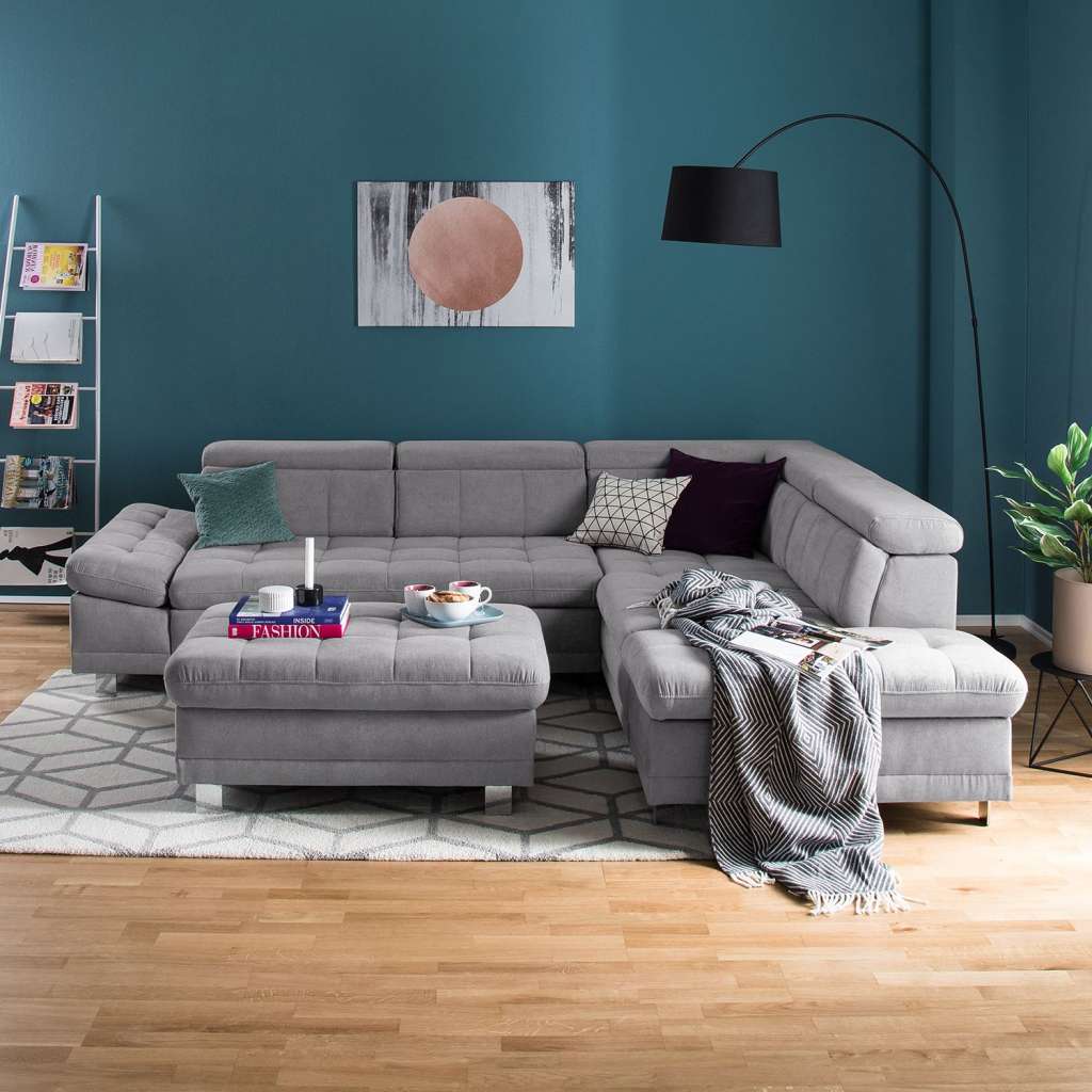 home24 Fredriks Ecksofa Ayna Platin Microfaser 275x89x217 cm mit Schlaffunktion und Bettkasten