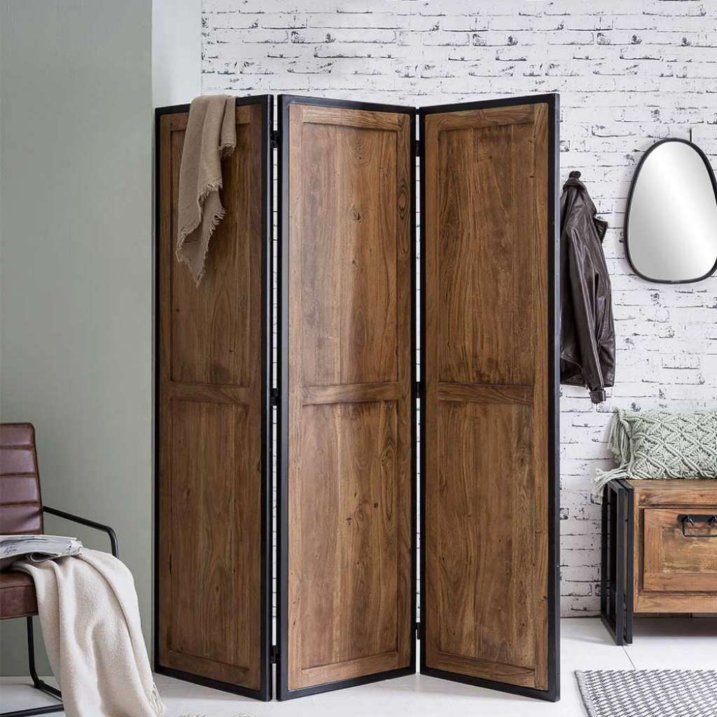 Spanischer Raumteiler aus Akazie Massivholz und Metall Loft Design