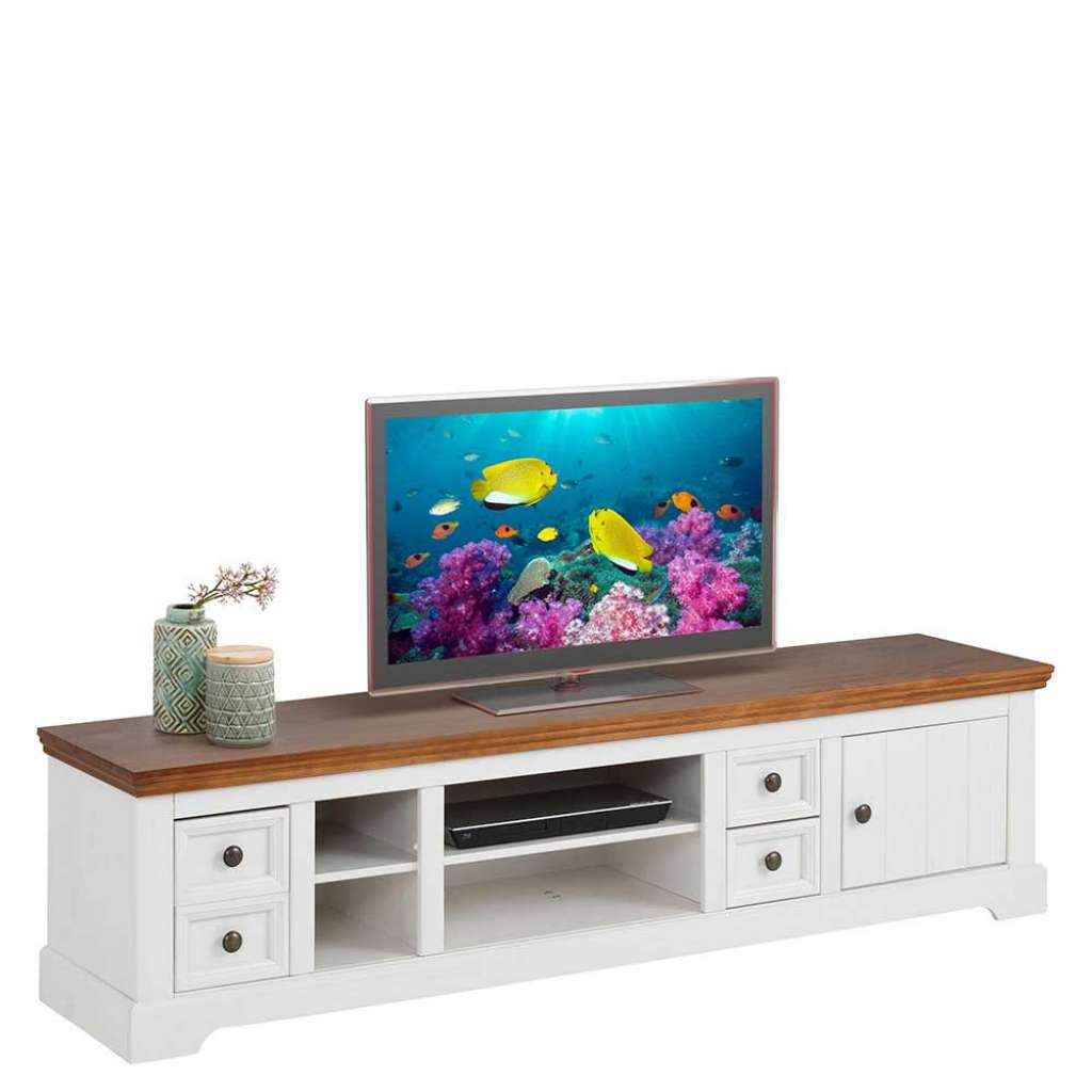 TV Lowboard in Weiß und Walnussfarben Kiefer Massivholz