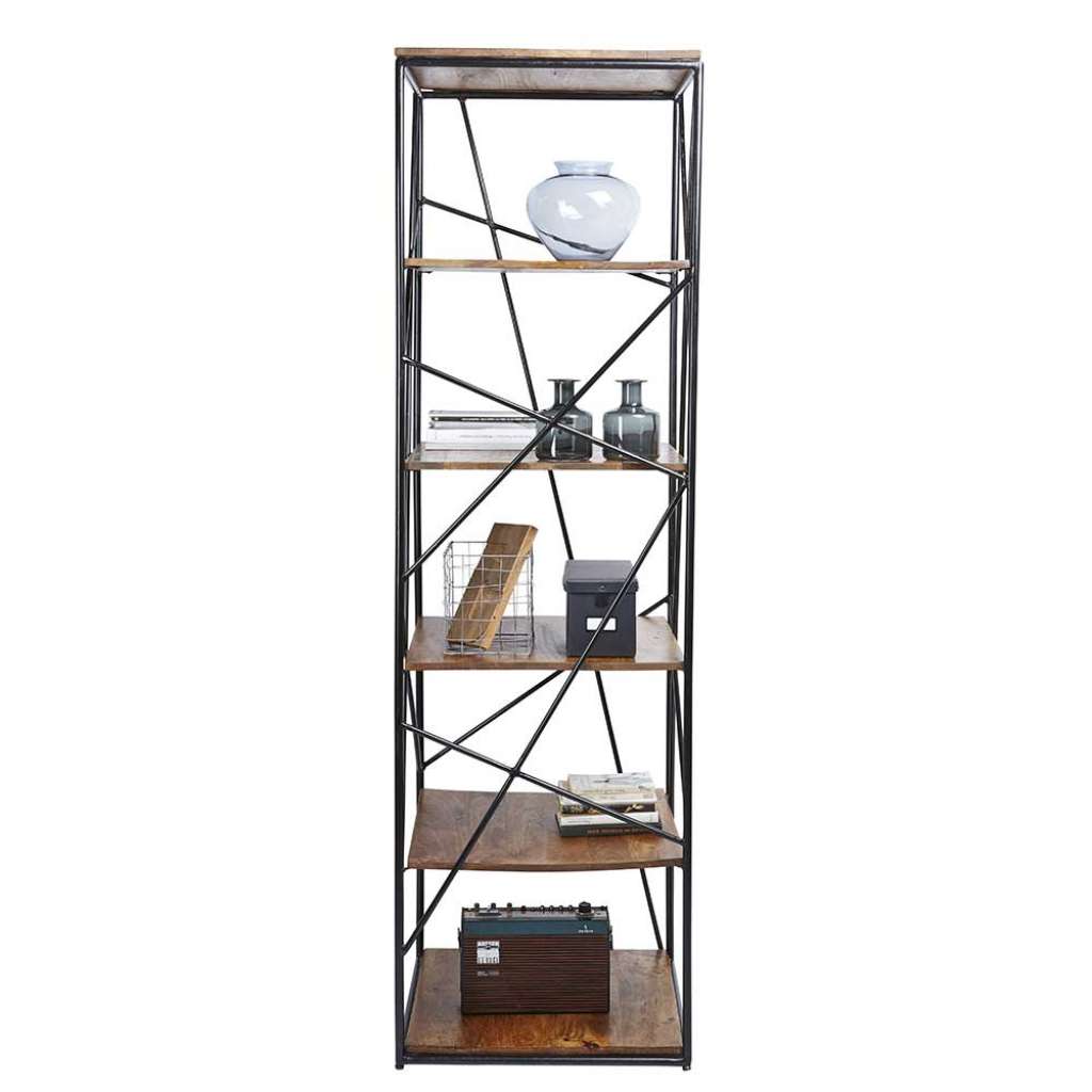 Wohnzimmerregal aus Mangobaum Massivholz und Stahl 60 cm breit