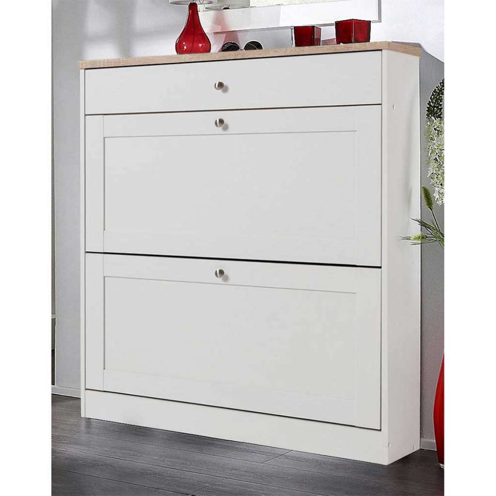 Schuhklappenschrank in Weiß und Eiche Sonoma 90 cm breit