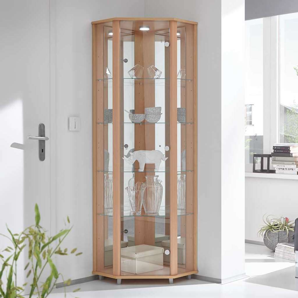 Eckvitrinenschrank in Buchefarben LED Beleuchtung