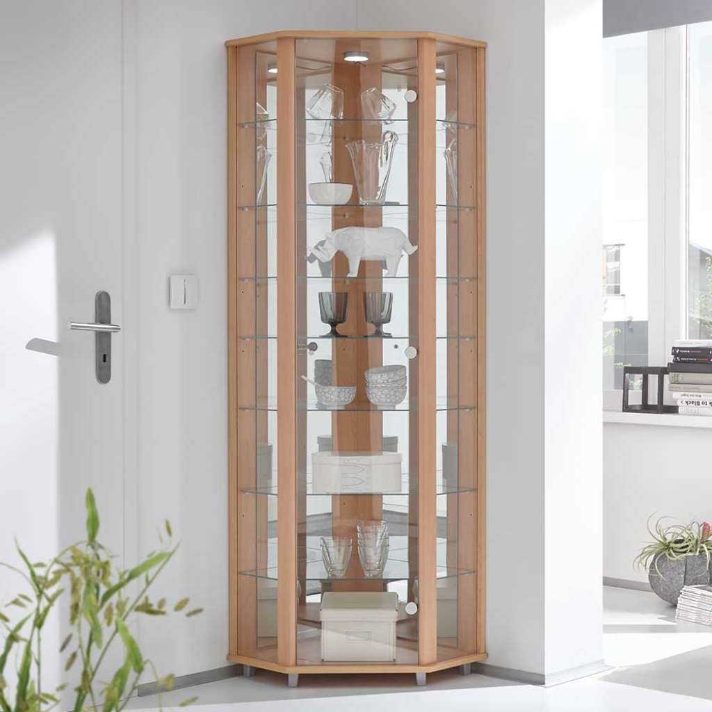 Eckvitrinenschrank in Buchefarben LED Beleuchtung