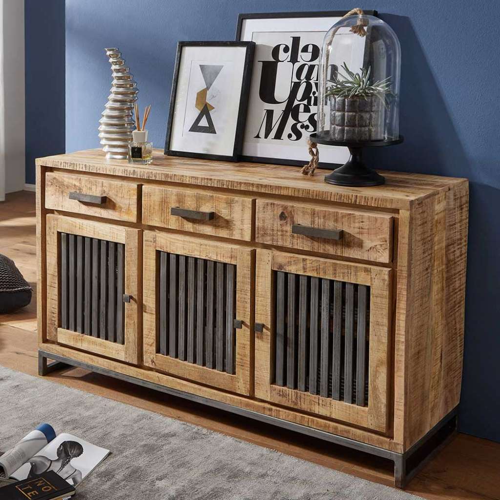 Loft Design Sideboard aus Mangobaum Massivholz und Eisen 145 cm breit