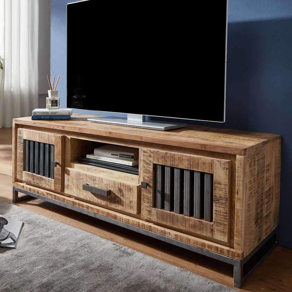 Fernseh Unterschrank aus Mangobaum Massivholz und Eisen modern