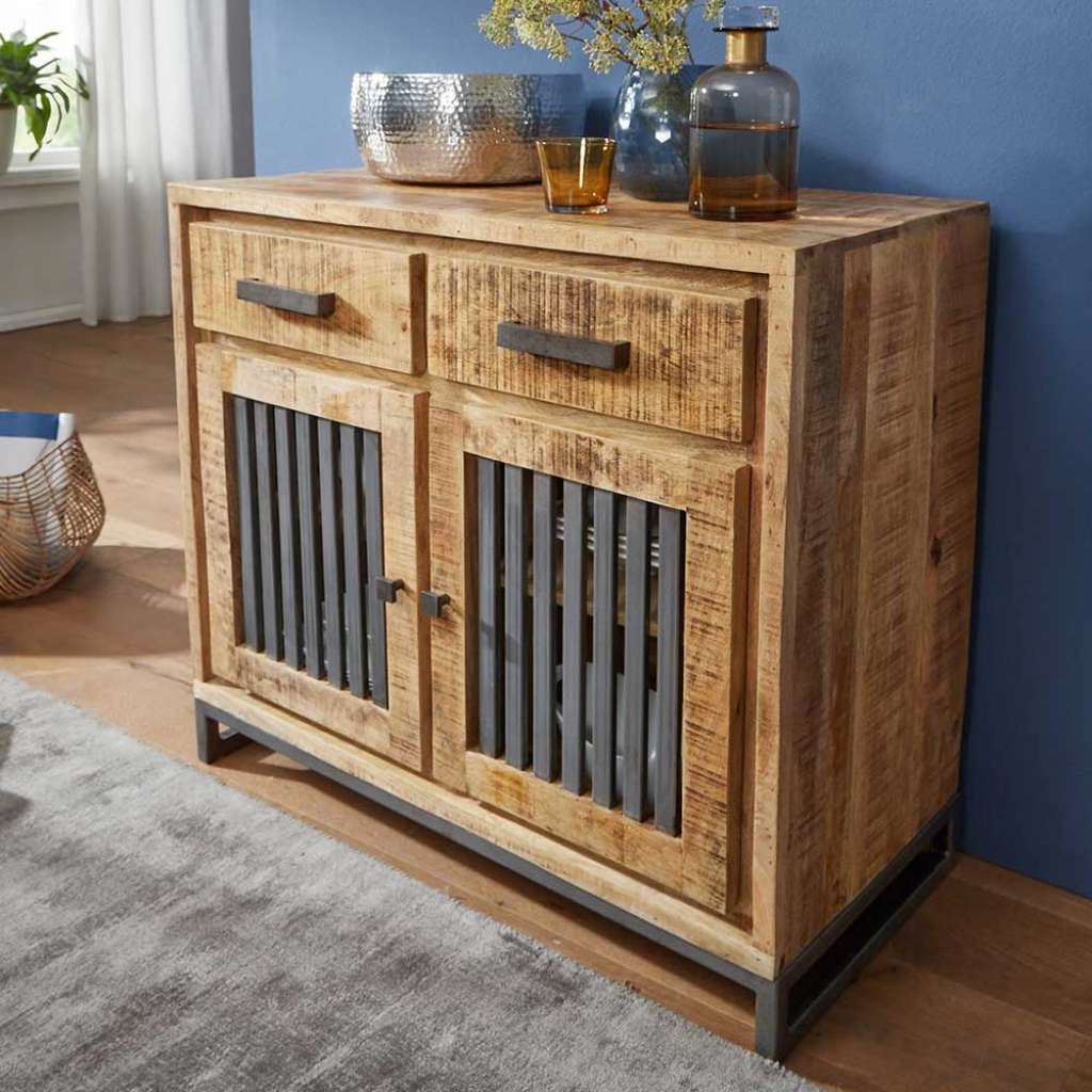Design Sideboard aus Mangobaum Massivholz und Eisen 95 cm breit