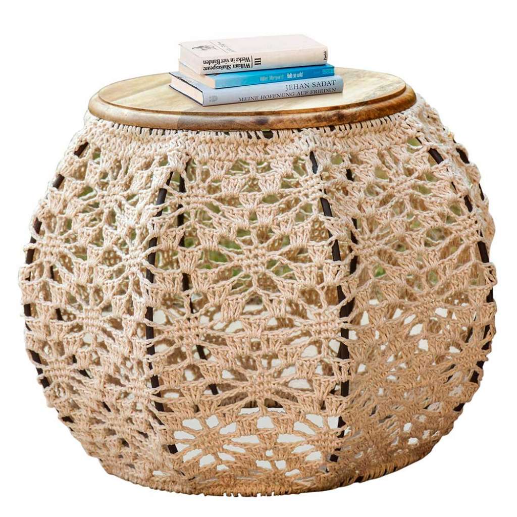Truhen Beistelltisch aus Strickstoff in Beige Mangobaum Massivholz