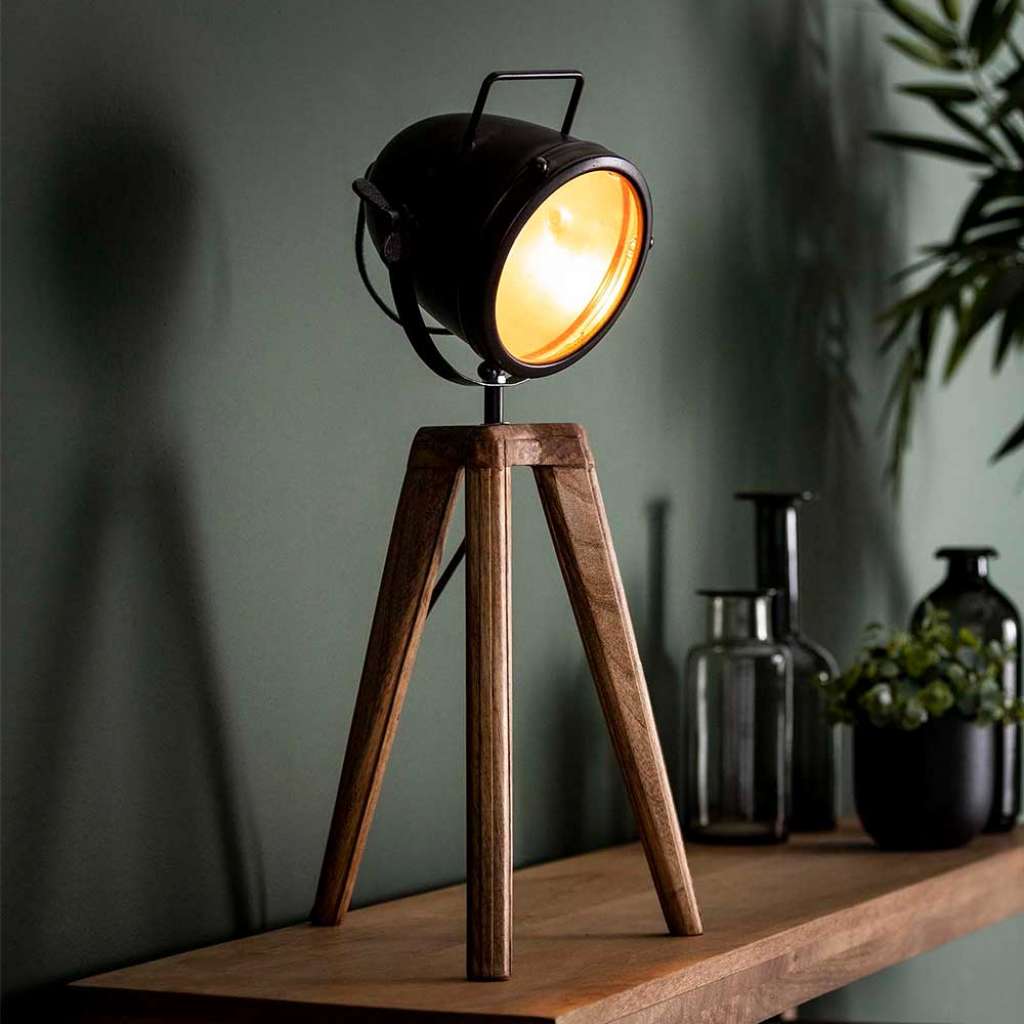 Tischlampe aus Mangobaum Massivholz und Metall Loft Design