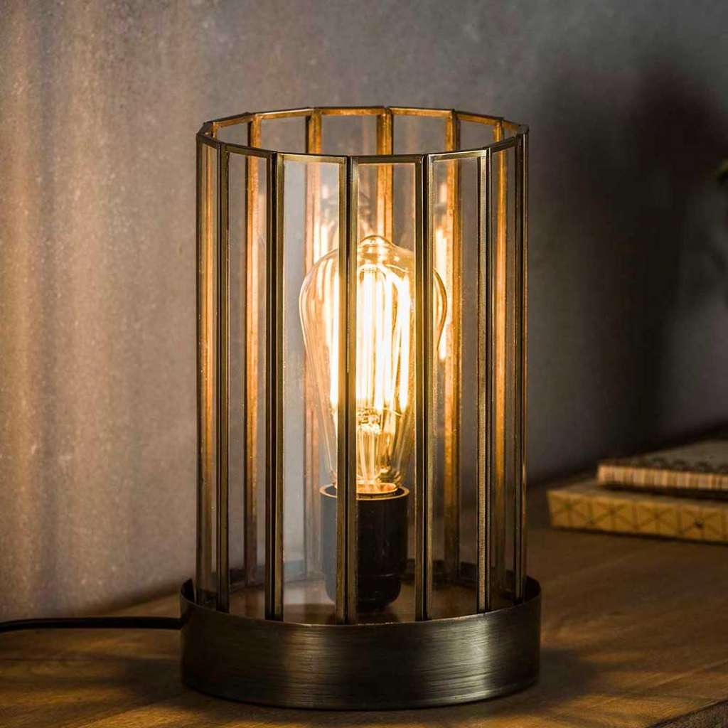 Vintage Tischleuchte in Bronzefarben Stahl und Glas