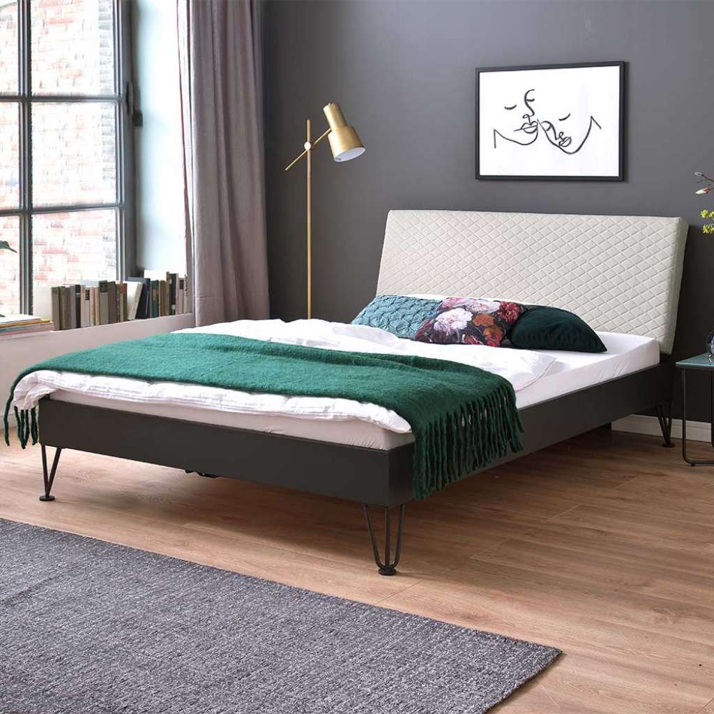 Bett in Dunkelgrau und Beige Metall und Webstoff