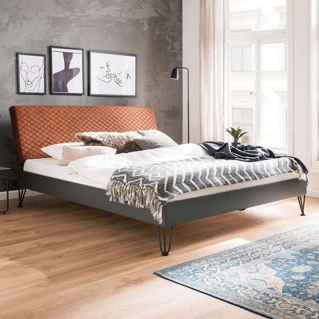 Metallbett in Dunkelgrau Polsterkopfteil in Cognac Braun